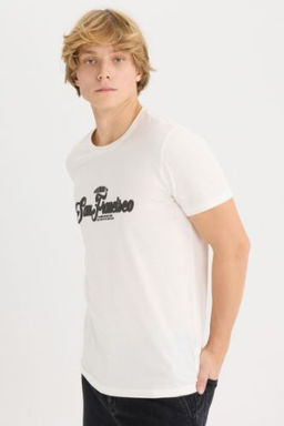 Slim Fit Dar Kesim Bisiklet Yaka Bask?l? K?sa Kollu Tisort