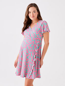 Kruvaze Yaka ?i?ekli K?sa Kollu Hamile Elbise