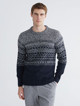 Bisiklet Yaka Desenli Erkek Triko Kazak