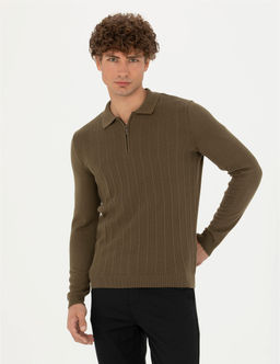Koyu Haki Slim Fit Fermuarl_ Polo Yaka Triko Kazak