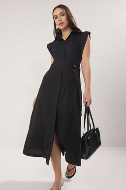 Trendyolmilla Siyah Kusakl? Duz Kesim Midi Dokuma Gomlek Elbise TWOSS25EL00139