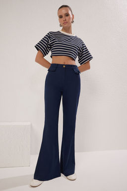 TRENDYOLMILLA Lacivert Sahte Cep Kapakl? Pamuklu Bootcut Pantolon TWOSS25PL00077  фото 2