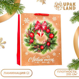 Пакет подарочный новогодний ламинированный вертикальный Венок, XL 40?49?19 см