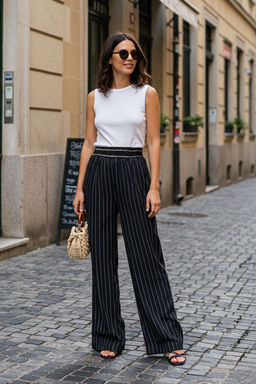 TRENDYOLMILLA Siyah Rahat Kesim Cizgili Genis Paca Dokuma Pantolon TWOSS25PL00008