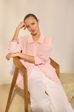 Pembe %100 Keten Nak?s Detayl? Gomlek TWOSS26GO00047