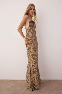 Cok Renkli Puantiyeli Cicek Aplike Detayl? Sifon Maxi Abiye & Mezuniyet Elbisesi TPRSS25AE00199