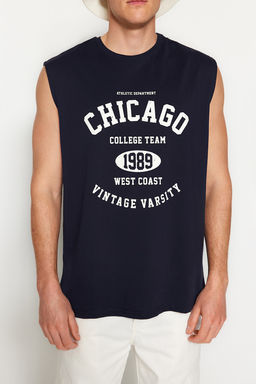 Lacivert Oversize/Genis Kesim Sehir Bask?l? %100 Pamuk Kolsuz T-Shirt/Atlet TMNSS23AL00008