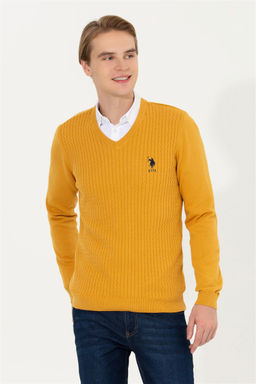 Мужской базовый трикотажный свитер шафранового цвета с v-образным вырезом Неожиданная скидка в корзине - U.s. polo assn фото 2
