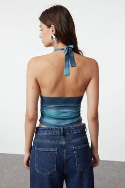 Indigo Boyundan Baglamal? Vucuda Oturan Esnek Crop Orme Bluz TWOSS24BZ00061