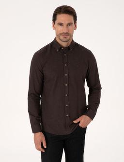 Koyu Kahverengi Slim Fit %100 Pamuk Yakas_ D__meli Flanel G_mlek