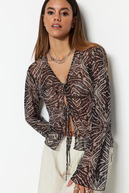 Trendyolmilla Siyah Desenli Baglama Detayl? Tul Esnek Orme Bluz TWOSS23BZ00139  фото 7
