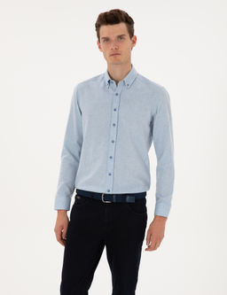 A__k Mavi Flanel Dokulu Slim Fit Uzun Kollu G_mlek