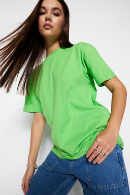 Yesil %100 Pamuk Bisiklet Yaka Oversize/Genis Kal?p Orme T-Shirt TWOSS20TS0134