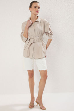 Siyah Kemer Detayl? Oversize Genis Kal?p Dokuma Gomlek TWOAW25GO00025