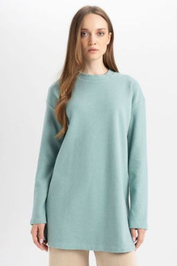 Regular Fit Bisiklet Yaka Selanik Kumas Uzun Kollu Basic Duz Tisort Tunik