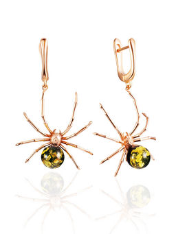 Позолоченные серьги с янтарём зелёного цвета Паучок