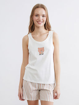 U Yaka Bask?l? Kad?n ?ortlu Pijama Tak?m?