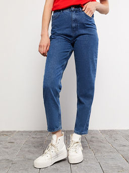 Kad?n Y?ksek Bel Mom Fit D?z Jean Pantolon