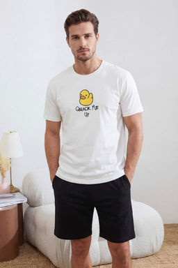 Ekru Regular Kesim Ordek Bask?l? Pamuklu Pijama Tak?m? TMNSS26PT00027 - Trendyolmilla фото 4