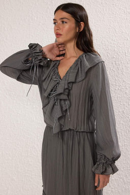 Antrasit Beli lastikli F?rf?rl? Maxi Dokuma Elbise TWOSS25EL00864 - Trendyolmilla фото 3