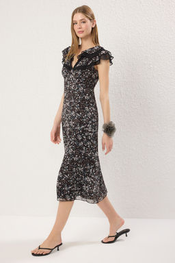 Siyah Cicekli A Kesim Yakas? Kat Kat F?rf?rl? Maxi Dokuma Elbise TWOSS25EL00284 - Trendyolmilla фото 2