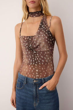Kahverengi-Cok Renkli Animal Degaje Yaka Ask?l? Orme Tul Party Body TPRAW26BD00004