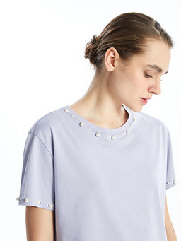 Bisiklet Yaka Boncuk ??lemeli Kad?n Ti??rt