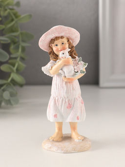 Фигурка полистоун Девочка с кроликом и цветами, в шляпке, розовый, 5?4.5?12 см