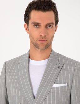 A__k Gri Slim Fit %100 Y_n _izgili Kruvaze Tak_m Elbise