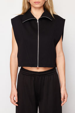 Siyah Relaxed/Rahat Kal?p Fermuarl? Dik Yaka Ay Kol Kal?n Yelek TWOSS24YE00011