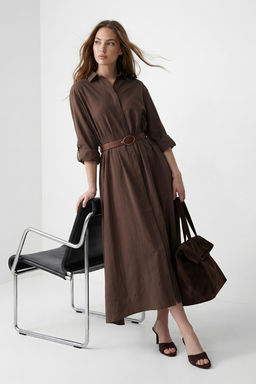 Kahverengi Deri Kemerli Midi Dokuma Elbise TWOSS26EL00748