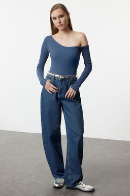 Trendyolmilla Siyah Fitted/Vucuda Oturan Omzu Ac?k Fitilli Pamuklu Esnek Orme Bluz TWOAW23BZ00475  фото 2