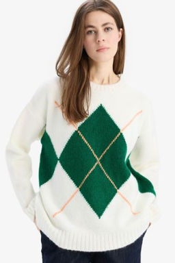 Oversize Genis Kal?p Baklava Dilimli Bisiklet Yaka Triko Kazak