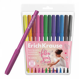 АКЦИЯ Цена за 12 шт. Фломастеры ErichKrause Pointes, 12 цветов (в футляре с европодвесом 12 шт)
