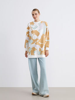 B?y?k Beden Bisiklet Yaka Desenli Kad?n Sweatshirt Tunik