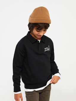 Polo Yaka Bask?l? Uzun Kollu Erkek ?ocuk Sweatshirt