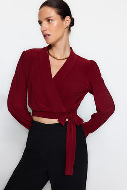 Bordo Kruvaze Kapamal? Crop Esnek Orme Bluz TWOAW24BZ00071