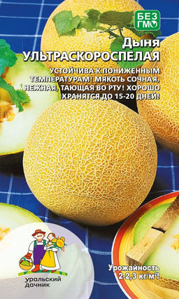 Дыня УЛЬТРАСКОРОСПЕЛАЯ Устойчива к пониженным температурам! Мякоть сочная, нежная, тающая во рту! Хорошо хранятся до 15-20 дней!
