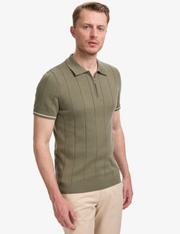 Haki Slim Fit %100 Pamuk Fermuarl_ Polo Yaka Triko Ti__rt