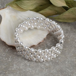Браслет жемчуг Пружинка стразинки, шар №6, цвет белый в серебре, d=6 см