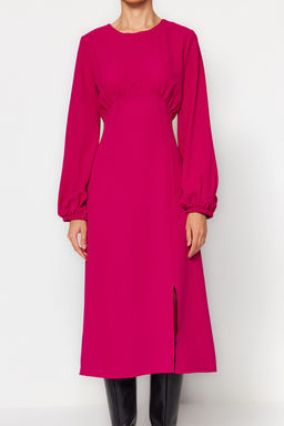 Fusya Belden Ac?lan Midi Volumlu Kol Detayl? Dokuma Elbise TWOAW24EL00423 - Trendyolmilla фото 5