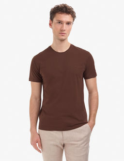 Koyu Kahverengi Slim Fit %100 Pamuk Bisiklet Yaka Basic Ti__rt