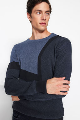 Trendyolmilla Man Indigo Slim Fit Pamuklu Bisiklet Yaka Renk Bloklu Triko Kazak TMNAW24KZ00024  фото 3