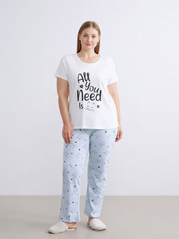 B?y?k Beden Bisiklet Yaka Bask?l? Kad?n Pijama Tak?m?