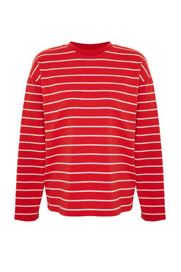 TRENDYOLMILLA Beyaz Cizgili Oversize/Genis Kesim Bisiklet Yaka Ince Orme Sweatshirt TWOAW23SW00326 фото 7