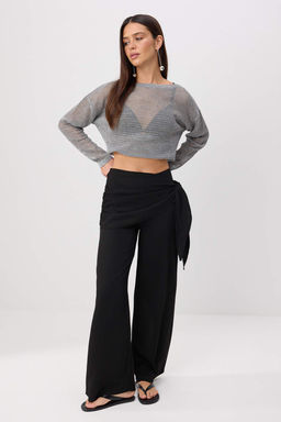 Solmayan Siyah _al Ba_lama Detayl_ Wide Leg/Geni_ Pa_a Pantolon TWOSS26PL00208