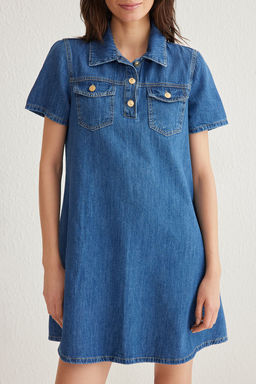 TRENDYOLMILLA Mavi Cep Detayl? Loose Mini Denim Gomlek Elbise TWOSS25EL00008 фото 3