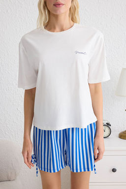 Trendyolmilla Beyaz-Pembe %100 Pamuklu Cizgili Baglama Detayl? Sortlu Orme Pijama Tak?m? THMSS25PT00145  фото 3