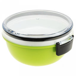 Ланч-бокс для продуктов пластмассовый Обед Люкс д16см h9,5см, 2 уровня: 0,38л, д15см h3,4см; 0,6л, д16см h6,8см, с ложкой 13,5см, крышка прозрачная, с клипсами, с уплотнителем, цвета в ассортименте: фисташковый, розовый, голубой (Китай)