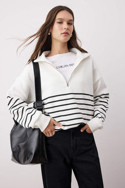 Ekru Cizgili Oversize/Genis Kal?p Fermuarl? Kal?n Ici Polarl? Orme Sweatshirt TWOAW26SW00044